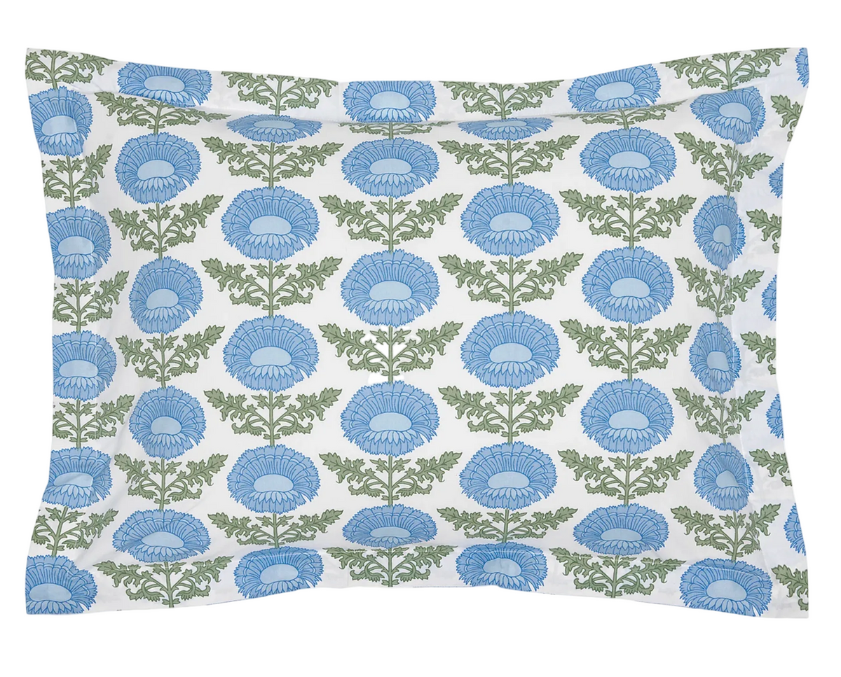 Kaavia Light Indigo Bedding Collection by John Robshaw: Square pillowcase featuring a repeating floral block print of blue flowers and green leaves on a white background.