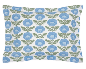 Kaavia Light Indigo Bedding Collection by John Robshaw: Square pillowcase featuring a repeating floral block print of blue flowers and green leaves on a white background.