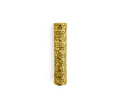 The Palm Mezuzah by Michael Aram is a tall, cylindrical gold object featuring a textured, woven pattern and an antique gold finish, shown standing upright against a plain white background.