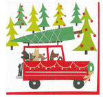 The Caspari Doggy Tree Adventure Cocktail Napkin features a red car with three dogs and a Christmas tree, driving through a snowy forest—beautifully printed on triple-ply napkins with nontoxic dyes.