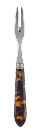 The Sabre Tortoise Cocktail Fork features two metal tines and a handle with a brown and yellow tortoiseshell pattern.
