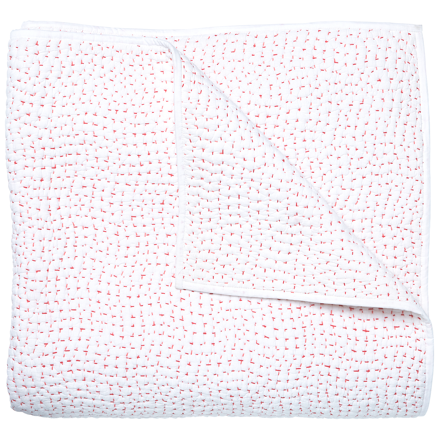 The John Robshaw Stitched Coverlet, Lotus, is a white cotton voile quilt made in India, featuring small red stitches and a corner flipped to reveal its artisanally hand-stitched underside.