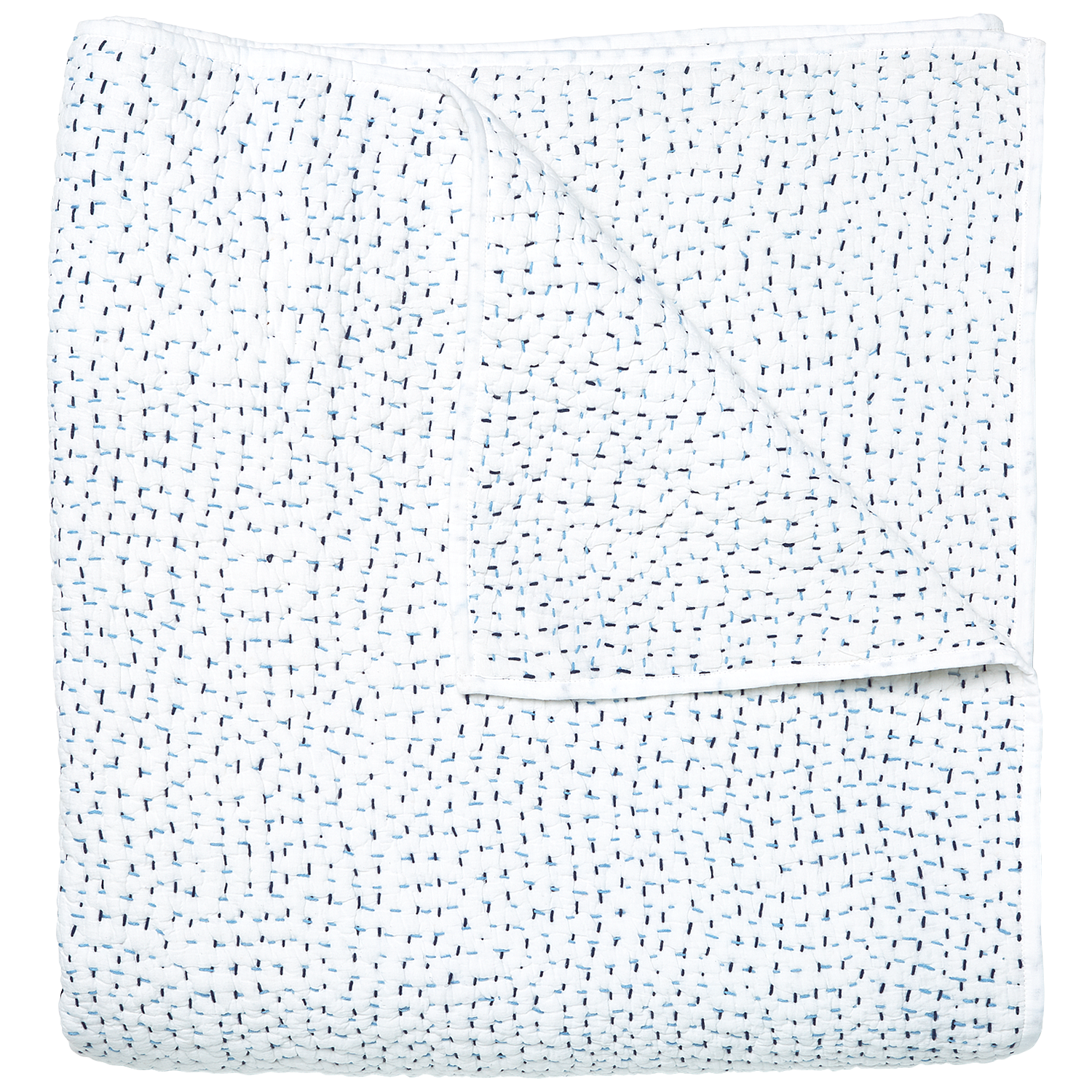 The John Robshaw Stitched Light Indigo Coverlet is hand stitched in India from soft cotton voile, with a subtle pattern of evenly spaced dark blue stitches, and is shown folded to display both sides.