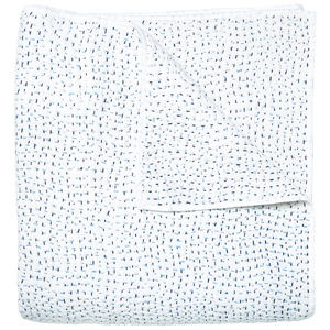 The John Robshaw Stitched Light Indigo Coverlet is hand stitched in India from soft cotton voile, with a subtle pattern of evenly spaced dark blue stitches, and is shown folded to display both sides.