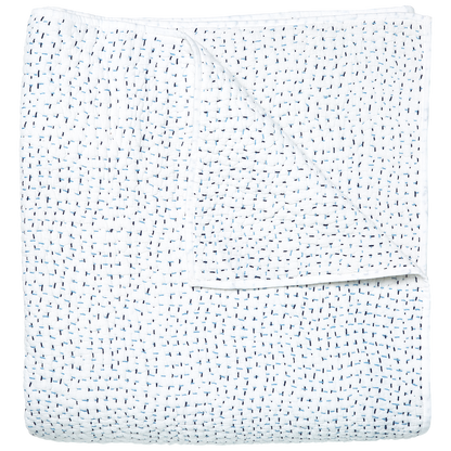 The John Robshaw Stitched Light Indigo Coverlet is hand stitched in India from soft cotton voile, with a subtle pattern of evenly spaced dark blue stitches, and is shown folded to display both sides.