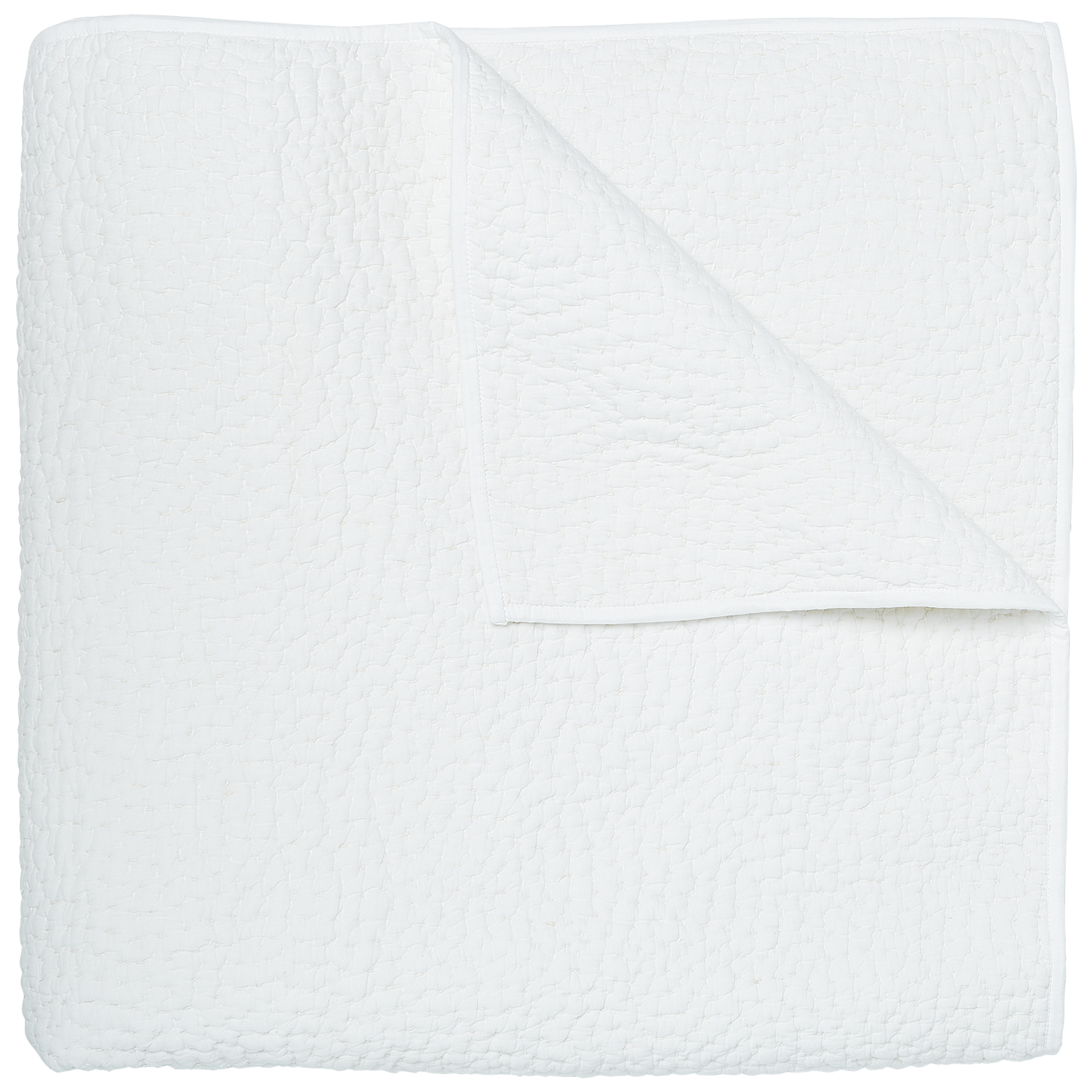 The Stitched White Coverlet by John Robshaw, made in India from soft cotton voile with a subtle textured pattern, is neatly folded with one corner turned down and displayed on a plain white background.