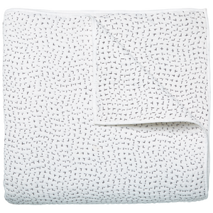The John Robshaw Stitched Gray Coverlet, made in India, features a black dashed stitched pattern on gray fabric and is shown folded with a corner flipped to reveal the underside.