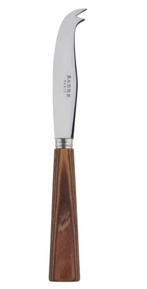 The Sabre Natural Wood Small Cheese Knife features a curved stainless steel blade, forked tip, and natural wood handle—ideal for serving or slicing small cheeses with ease.