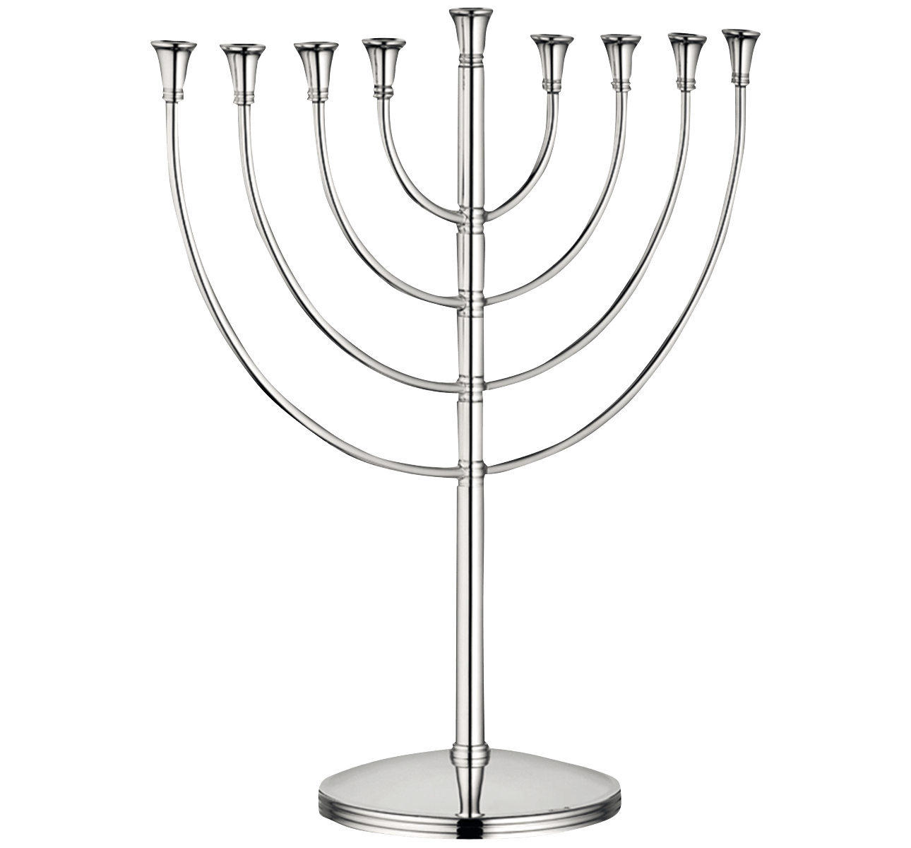 The Christofle Judaique Hanukkah Menorah by Christofle is a silver-plated menorah with nine candle holders, arranged on a curved, symmetrical stand with a circular base, shown against a plain white background.