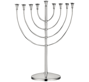 The Christofle Judaique Hanukkah Menorah by Christofle is a silver-plated menorah with nine candle holders, arranged on a curved, symmetrical stand with a circular base, shown against a plain white background.