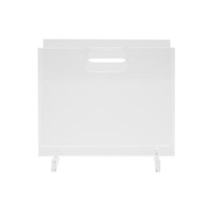 The Laurel Acrylic Magazine Holder by Pigeon & Poodle features a white, rectangular plastic design with a top handle and two bottom legs, offering a modern look similar to an acrylic magazine holder.