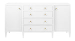 The Jarin Buffet in Designer White by Made Goods features a detailed design with two cabinets and four central drawers, adorned with round brass knobs. The drawers glide effortlessly on bottom-mount European glides, ensuring smooth functionality against a plain background.