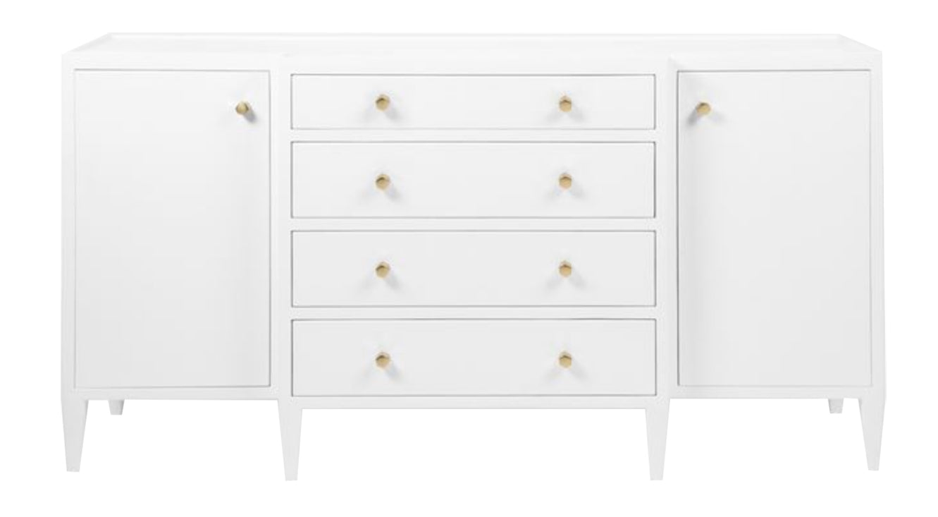 The Jarin Buffet in Designer White by Made Goods features a detailed design with two cabinets and four central drawers, adorned with round brass knobs. The drawers glide effortlessly on bottom-mount European glides, ensuring smooth functionality against a plain background.