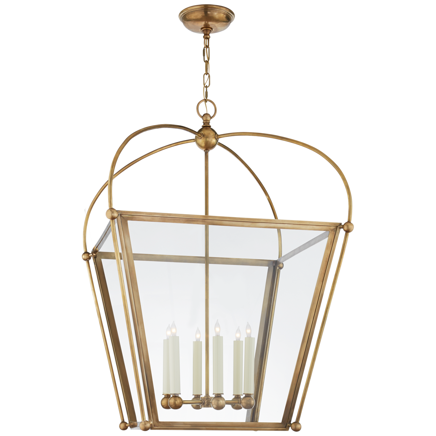 Elegant Visual Comfort Plantation Large Square Lantern with a glass enclosure and four E12 candelabra-style lights, suspended from a ceiling.