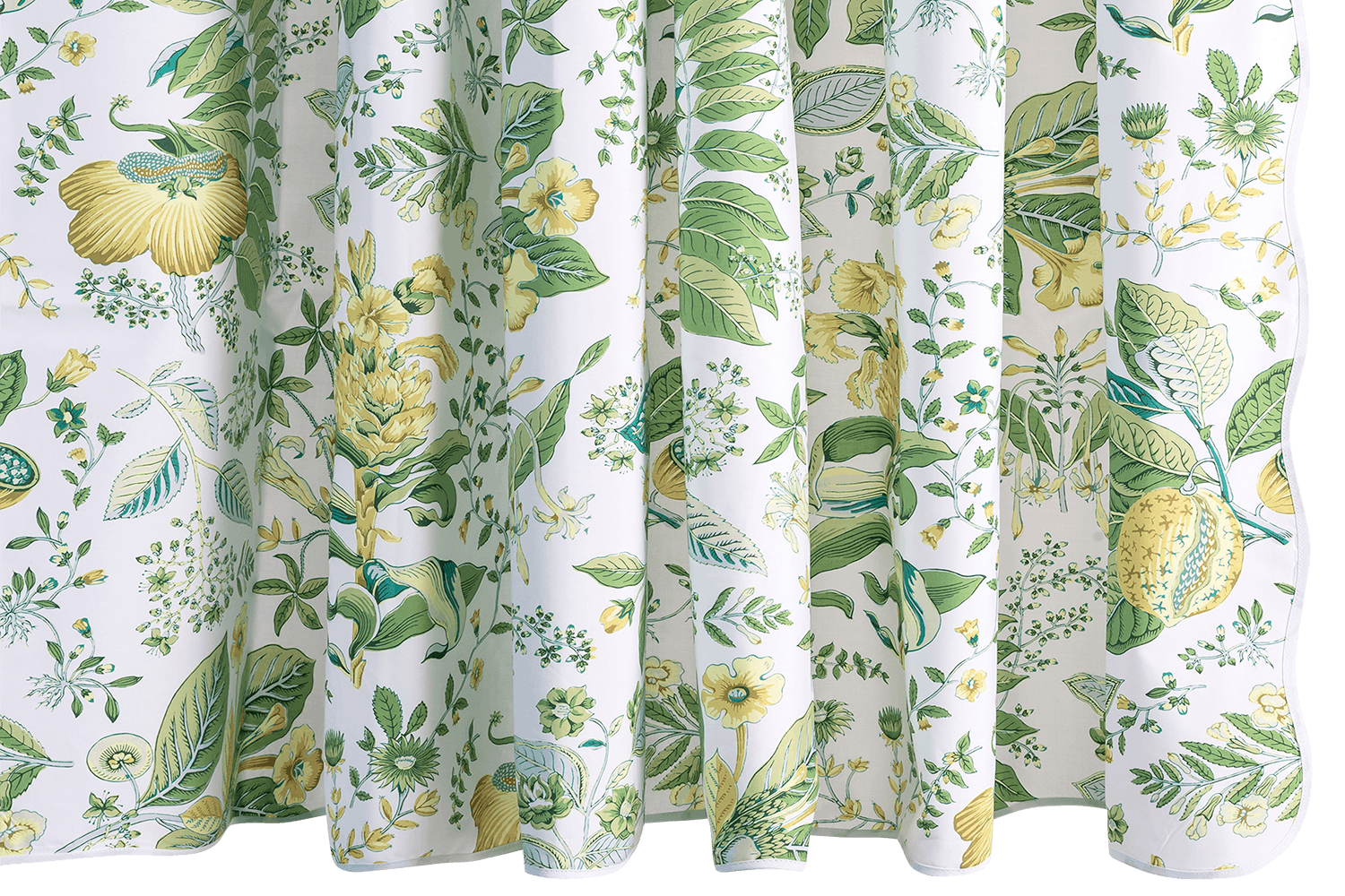 The Matouk Pomegranate Shower Curtain, Citrus displays green leaves and yellow flowers on a crisp white backdrop.