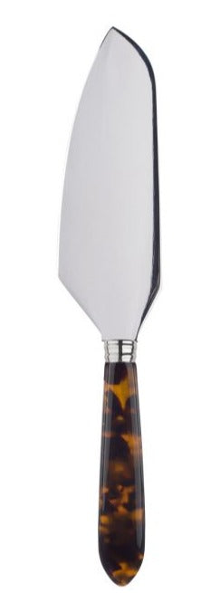 The Sabre Tortoise Pie Server features a sharp stainless steel blade and a brown marbled handle, ideal for serving sweet or savory dishes, displayed against a white background.