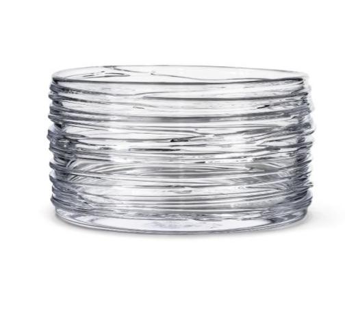 The Echo Lake Bowl by Simon Pearce is a handmade glass bowl with a cylindrical shape and horizontal ridged texture, shown on a white background.