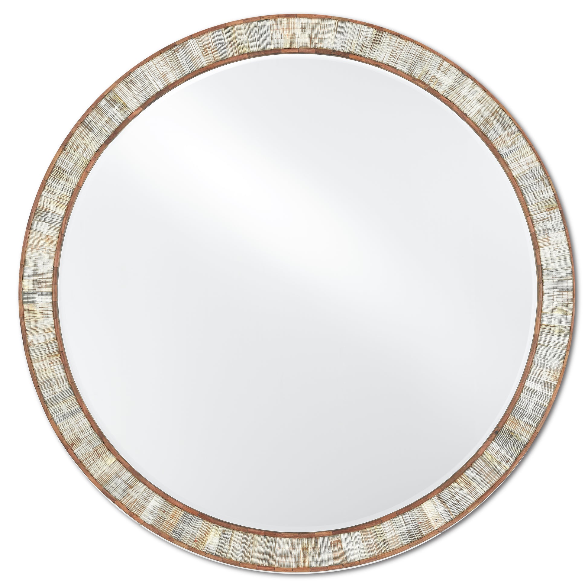 The Hyson Round Mirror by Currey and Company features a wide, textured frame crafted from Sheesham wood, complemented by a reflective glass surface.