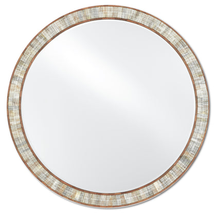 The Hyson Round Mirror by Currey and Company features a wide, textured frame crafted from Sheesham wood, complemented by a reflective glass surface.