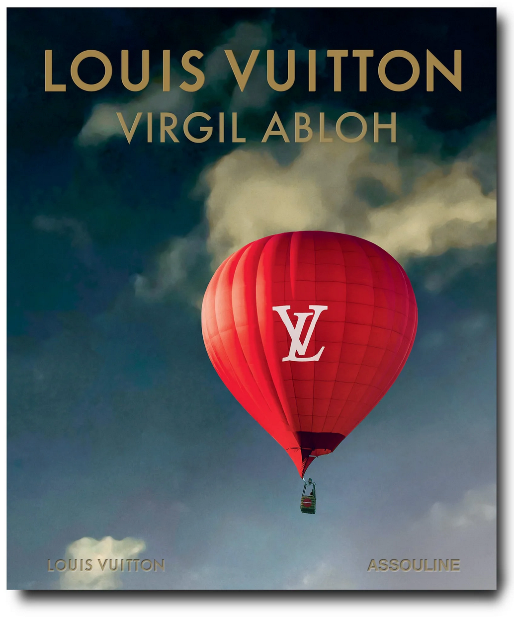 Book cover featuring a red hot air balloon with the Louis Vuitton logo against a cloudy sky. Text reads "Virgil Abloh" at the top, and "Louis Vuitton Virgil Abloh Ultimate Edition Assouline" at the bottom. This piece is part of the ultimate collection, celebrating timeless elegance and innovative design.