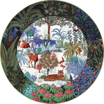 The Jardins Du Palais Cake Platter by Gien France features a vibrant jungle scene with a tiger, deer, peacock, flamingos, trees, exotic plants, and flowers.