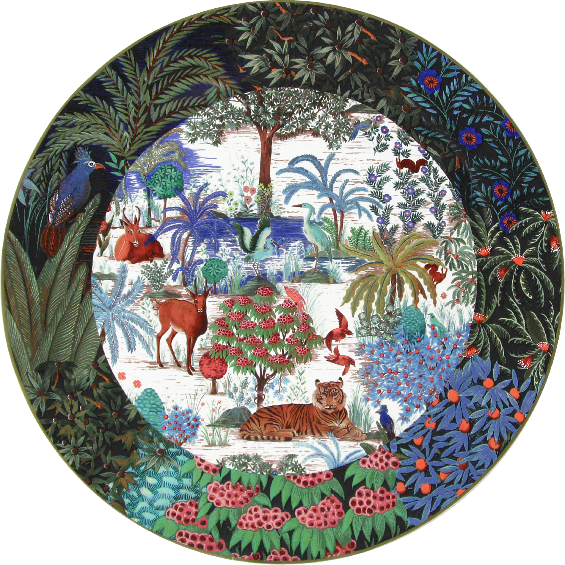 The Jardins Du Palais Cake Platter by Gien France features a vibrant jungle scene with a tiger, deer, peacock, flamingos, trees, exotic plants, and flowers.