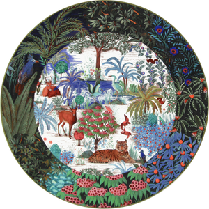 The Jardins Du Palais Cake Platter by Gien France features a vibrant jungle scene with a tiger, deer, peacock, flamingos, trees, exotic plants, and flowers.