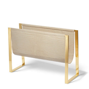 The Aerin Classic Croc Magazine Rack in Fawn features textured geometric design with Italian croc-embossed leather and a polished brass frame for a luxurious touch.