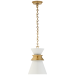 A Visual Comfort Alborg Small Stacked Pendant in Antique- Burnished Brass with Matte White Shade featuring a brass chain and a white glass shade with gold accents, measuring 10" in width and 15" in height.