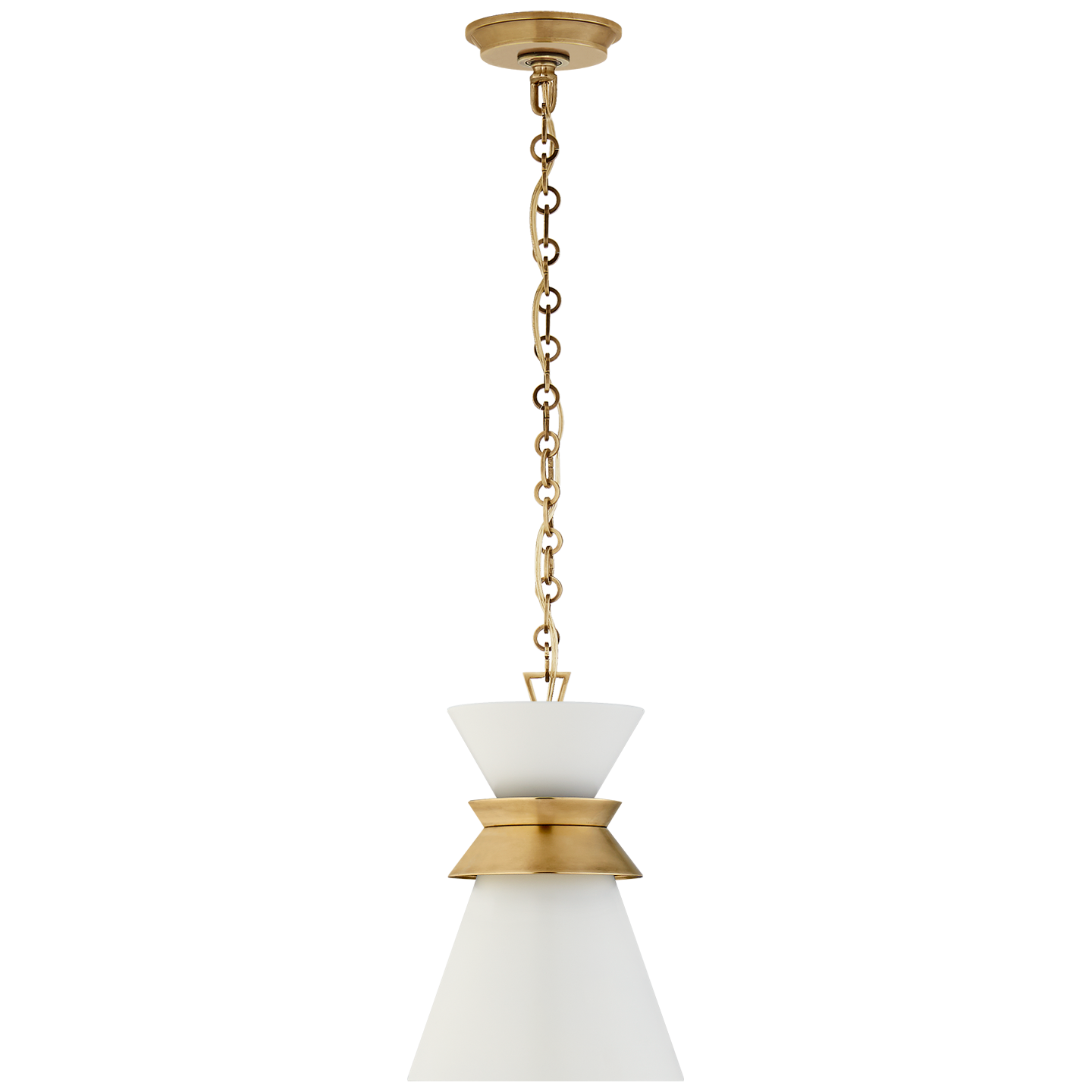 A Visual Comfort Alborg Small Stacked Pendant in Antique- Burnished Brass with Matte White Shade featuring a brass chain and a white glass shade with gold accents, measuring 10" in width and 15" in height.