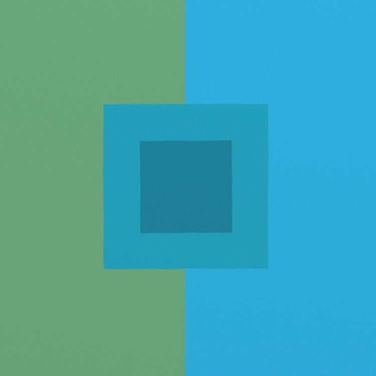 Modern 6115 by Ornis Gallery features a vertically split green and blue background with two overlapping blue squares in varied shades—a striking display of geometric abstraction and custom color.