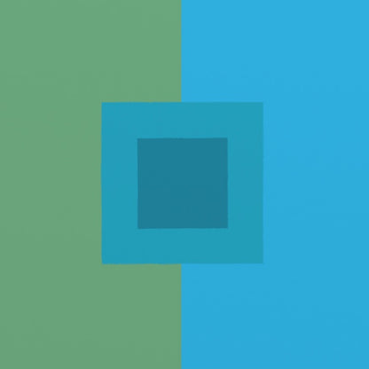 Modern 6115 by Ornis Gallery features a vertically split green and blue background with two overlapping blue squares in varied shades—a striking display of geometric abstraction and custom color.