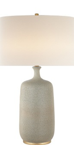 Replace with:
An upright Culloden Table Lamp by Visual Comfort featuring a speckled grey base with a gold accent and a large, round, off-white lampshade suitable for E26 dimmer.