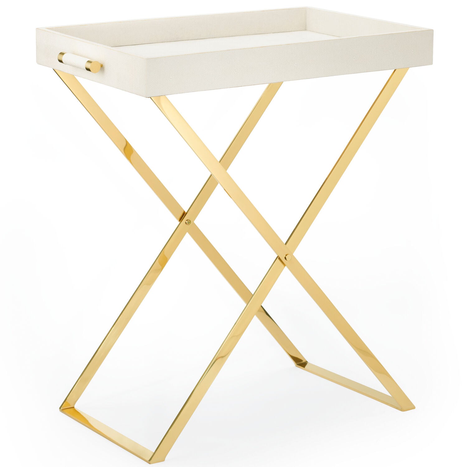 The Butler Tray Stand by Aerin features a white rectangular tray with handles on a solid brass X-frame, offering a modern folding table ideal for serving and entertaining at home.