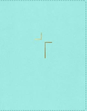 Light blue Thomas Nelson "NIV Jesus Bible Leathersoft Teal" notebook with gold corners and stitching detail.
