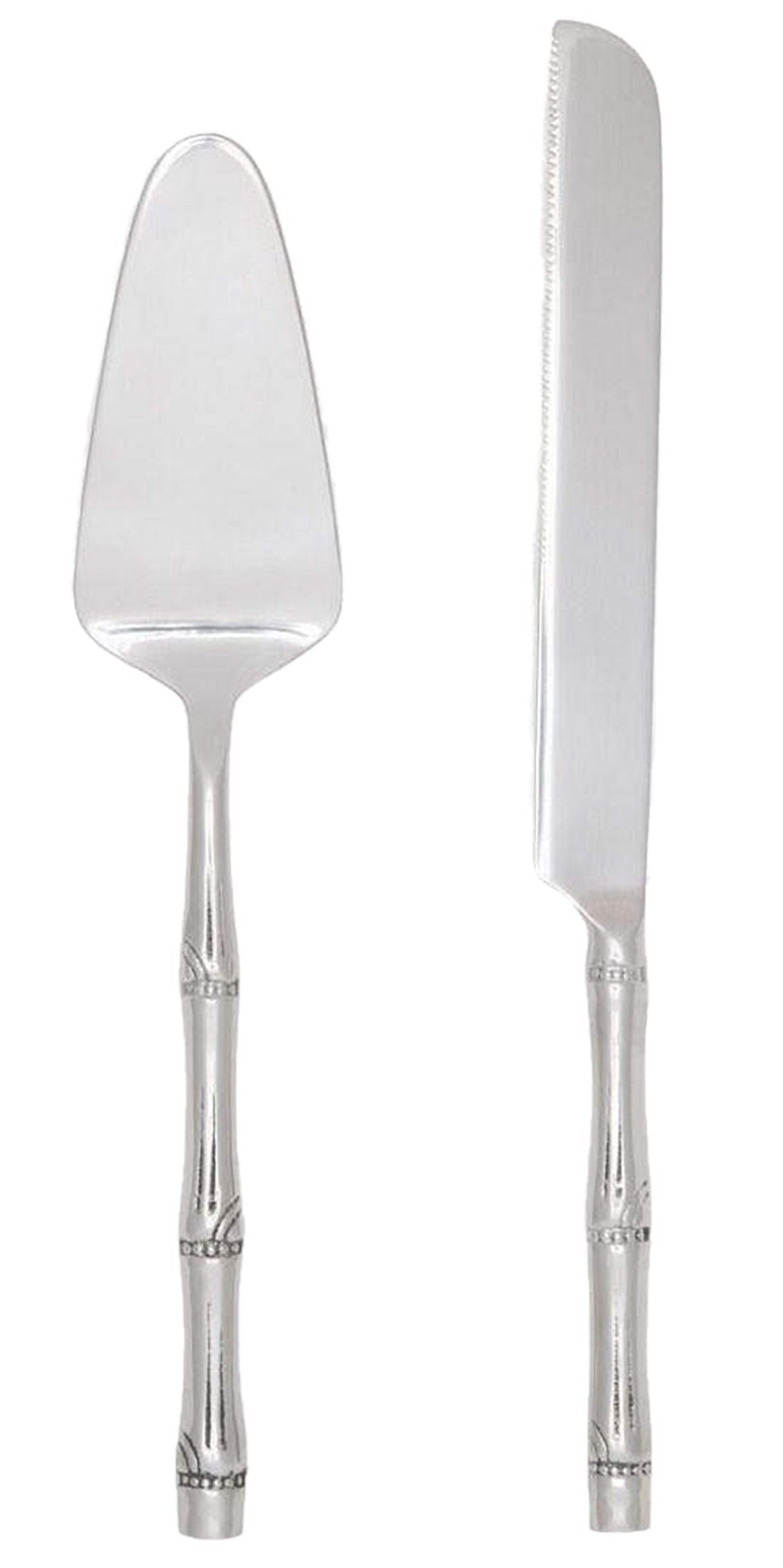 The Blue Pheasant Liliana Polished Silver Cake Serving Set, featuring bamboo-inspired handles, is displayed side by side on a white background.