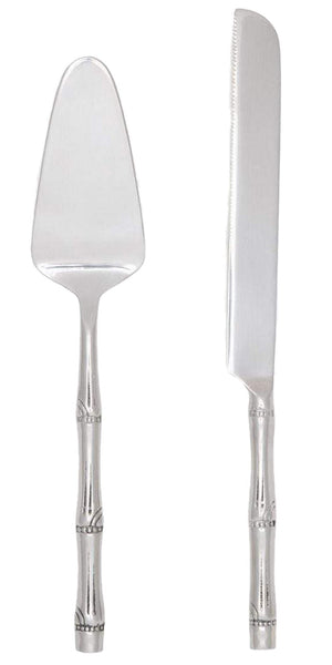 The Blue Pheasant Liliana Polished Silver Cake Serving Set, featuring bamboo-inspired handles, is displayed side by side on a white background.