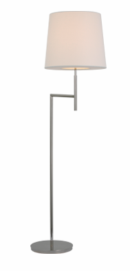 Visual Comfort's Clarion Bridge Arm Floor Lamp in Polished Nickel with a straight metallic stand and a simple, round, linen shade.