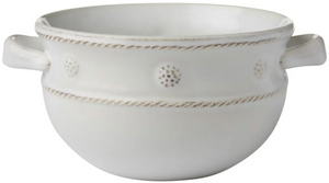 The Juliska Berry & Thread Whitewash Soup/Chili Bowl features two side handles and textured details around the rim—ideal for serving gruyere-topped favorites.