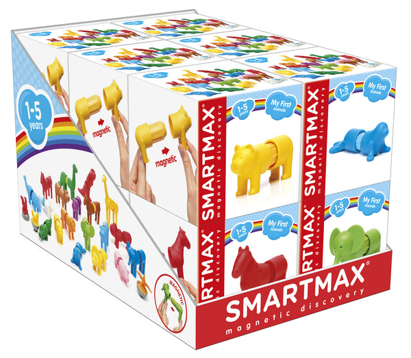 A Smart Games SmartMax My First Animals Mixed Assortment set packaging featuring colorful magnetic discovery animal pieces for kids ages 1-5 years.