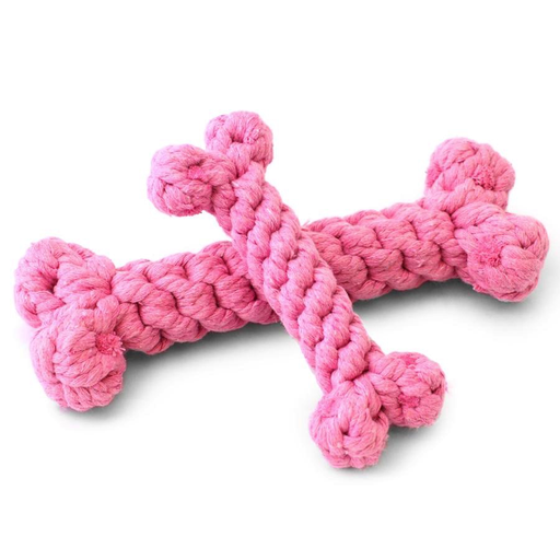 Two Pink Bone Rope Dog Toys, Small, made from recycled cotton, on a white background, Harry Barker.