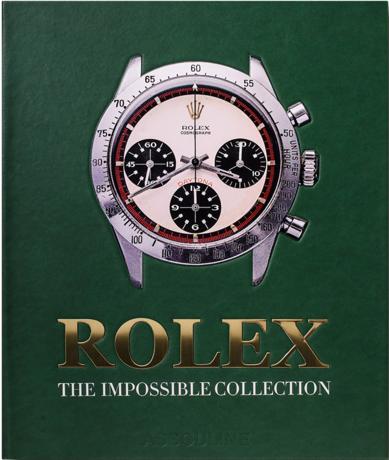 Cover of a book titled "The Impossible Collection of Rolex" by Assouline featuring an image of a luxury timepiece, the Rolex Daytona watch, on a green background.