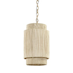 The Everly Small Pendant by PALECEK is a hanging light with a two-tier cylindrical design and a beige textured surface, elegantly suspended by a taupe-finished chain.