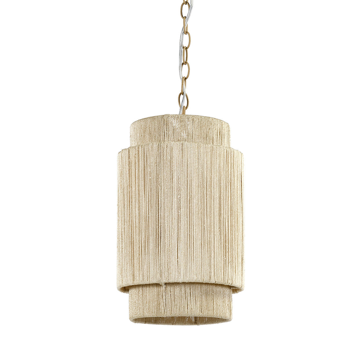 The Everly Small Pendant by PALECEK is a hanging light with a two-tier cylindrical design and a beige textured surface, elegantly suspended by a taupe-finished chain.