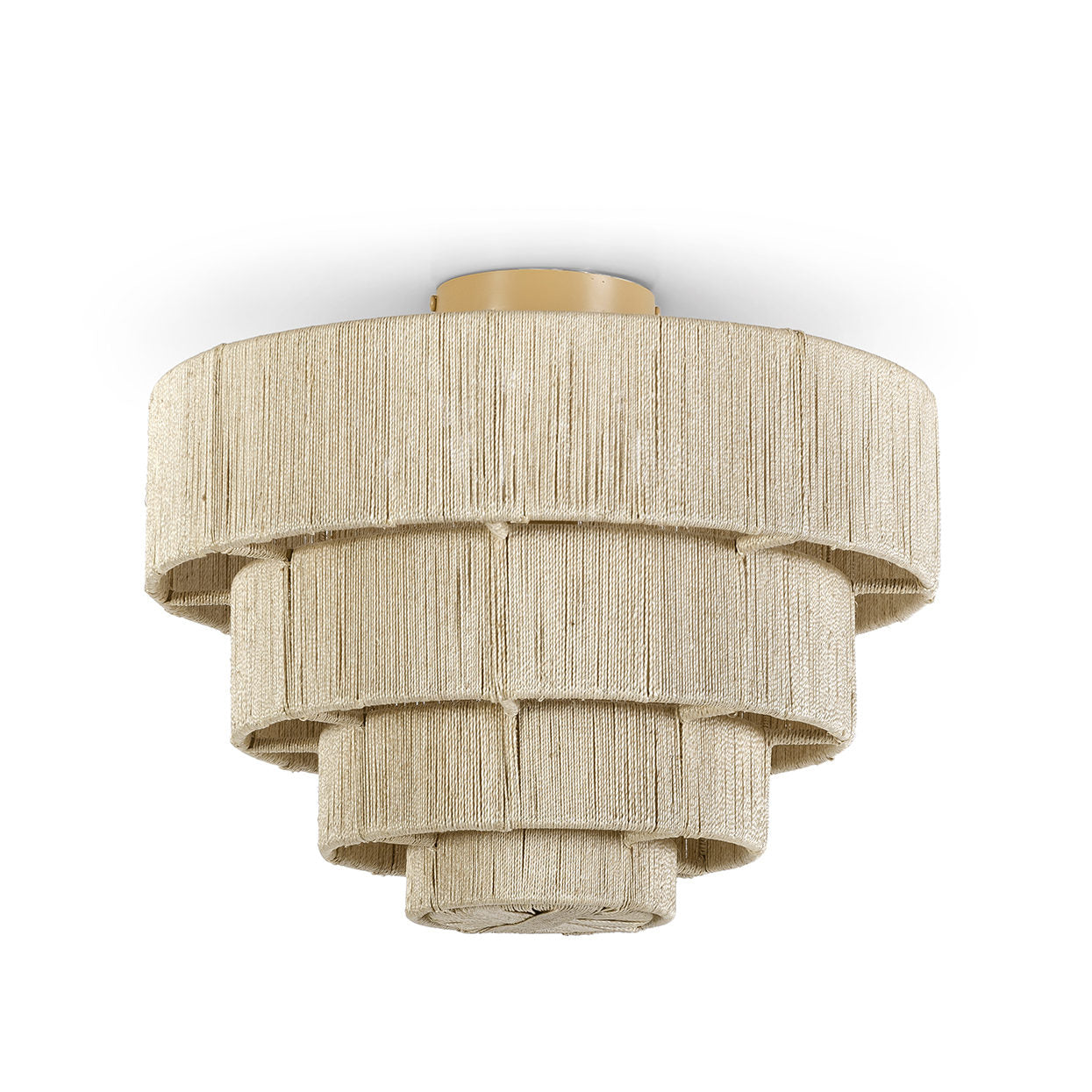 The Everly Semi Flush Mount by PALECEK features a tiered beige fabric design with fringe texture, shown against a plain white background.