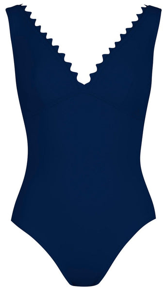 Karla Colletto Ines V-Neck one-piece swimsuit with a scalloped neckline and rick rack edging.