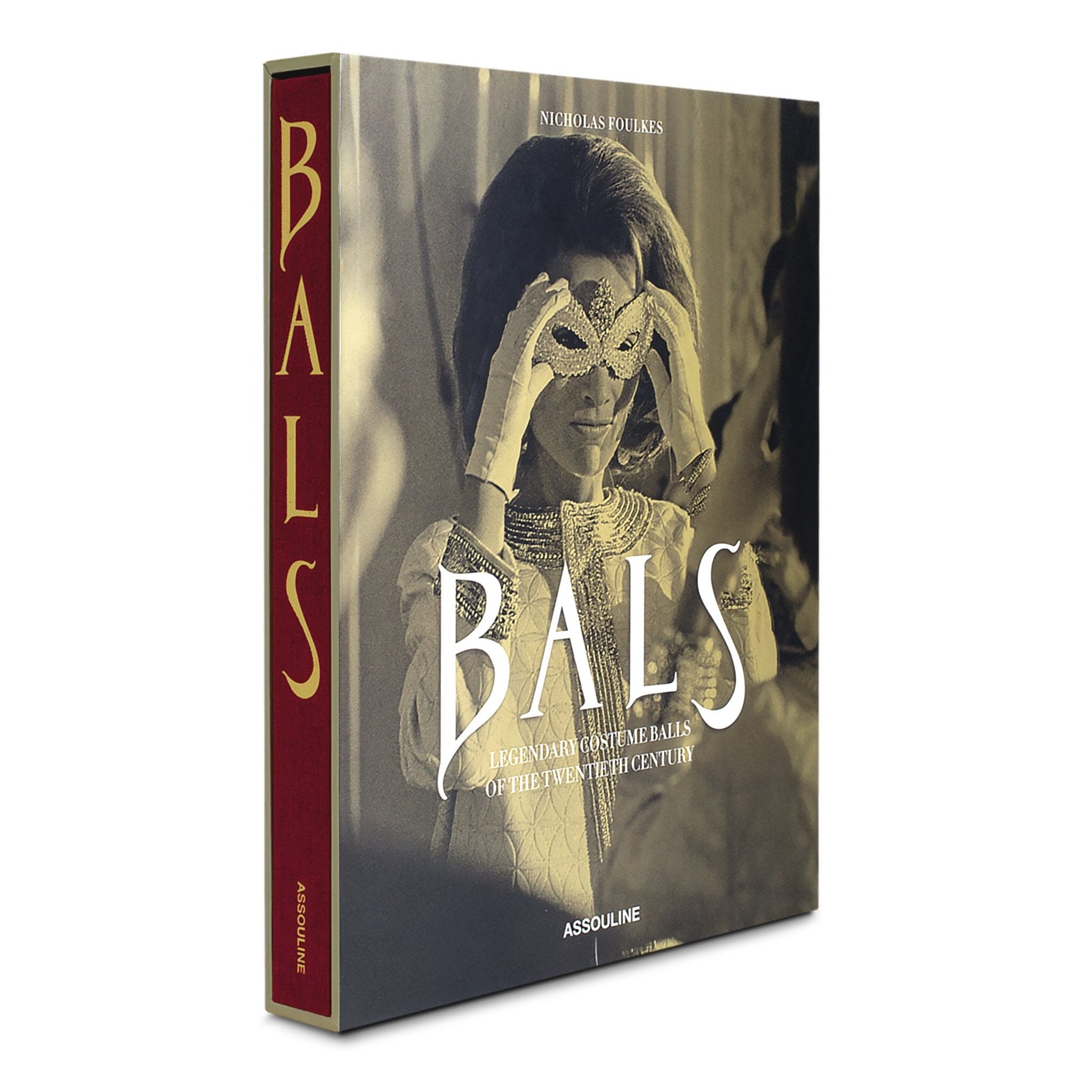 The cover of Assouline's "Legendary Costume Balls of the Twentieth Century" shows a person with a lace mask, capturing the opulence of Romanov-era parties and the grandeur of Art Deco Paris.