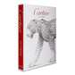 Book cover showcasing an intricate illustration of a Cartier panther, capturing the essence of modern femininity. The words "Cartier Panthere" appear in red text on a white background, while the spine is red with "Assouline" at the bottom, reflecting the elegance of fine jewelry.
