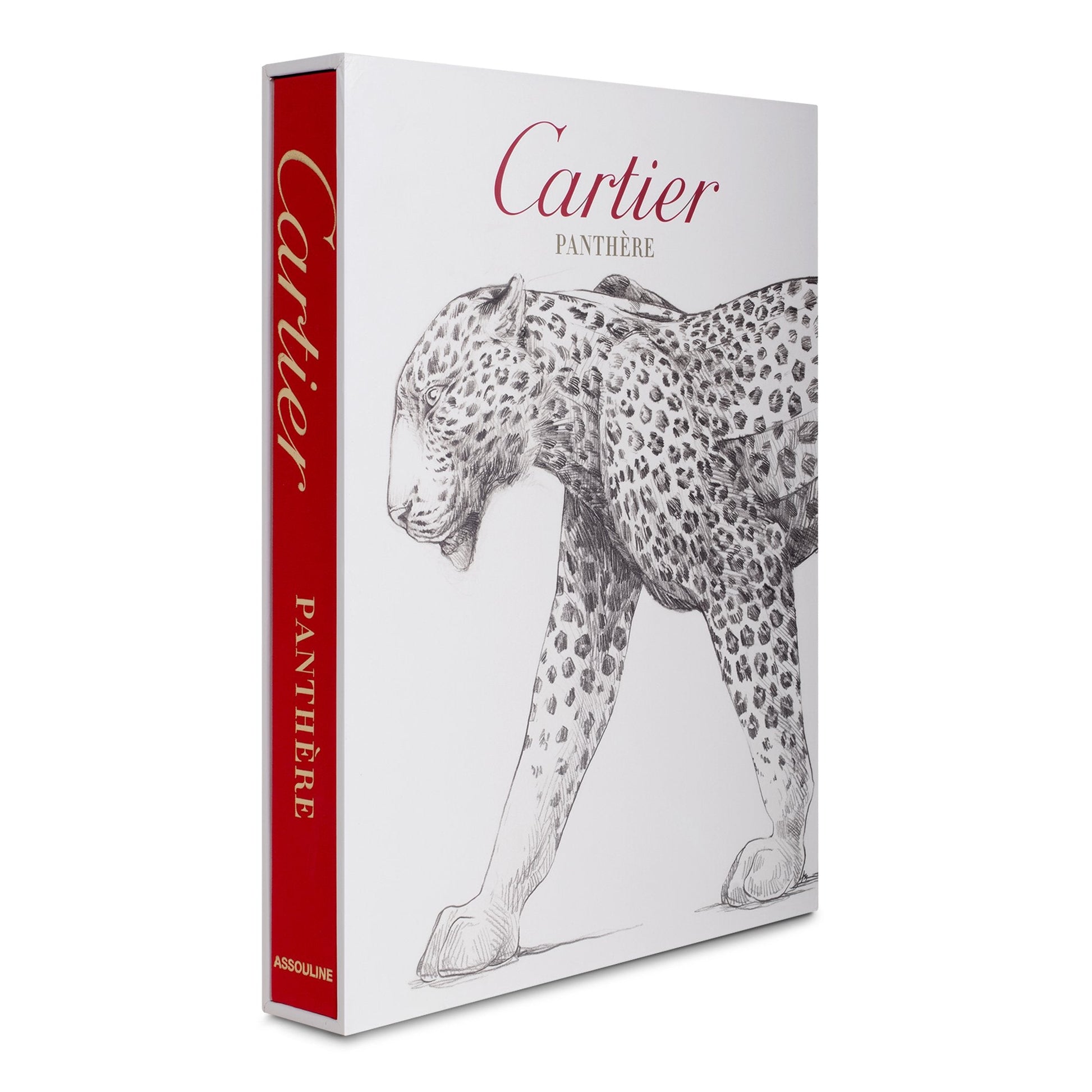 Book cover showcasing an intricate illustration of a Cartier panther, capturing the essence of modern femininity. The words "Cartier Panthere" appear in red text on a white background, while the spine is red with "Assouline" at the bottom, reflecting the elegance of fine jewelry.