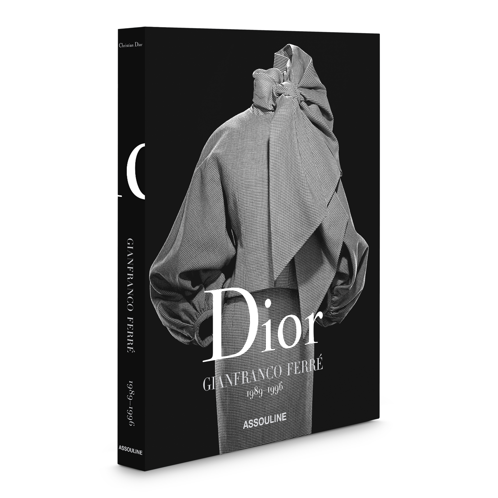 A hardcover book titled "Dior IV by Gianfranco Ferré" by Assouline, featuring a grayscale image of an intricately designed haute couture garment on its cover.